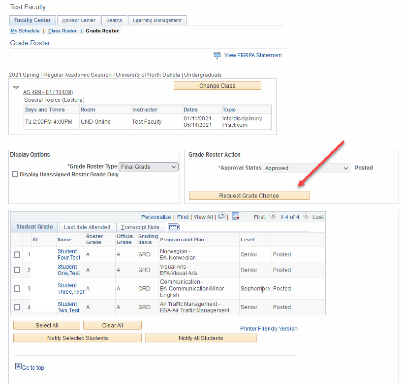 Visual of the Grade Roster Page