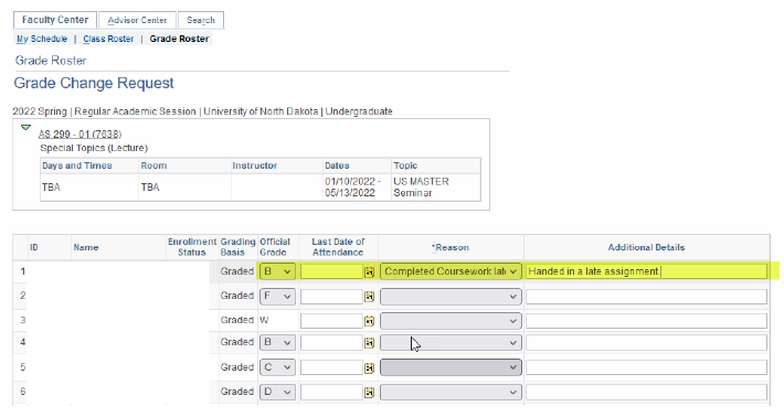 Visual of the Grade Change Request Page